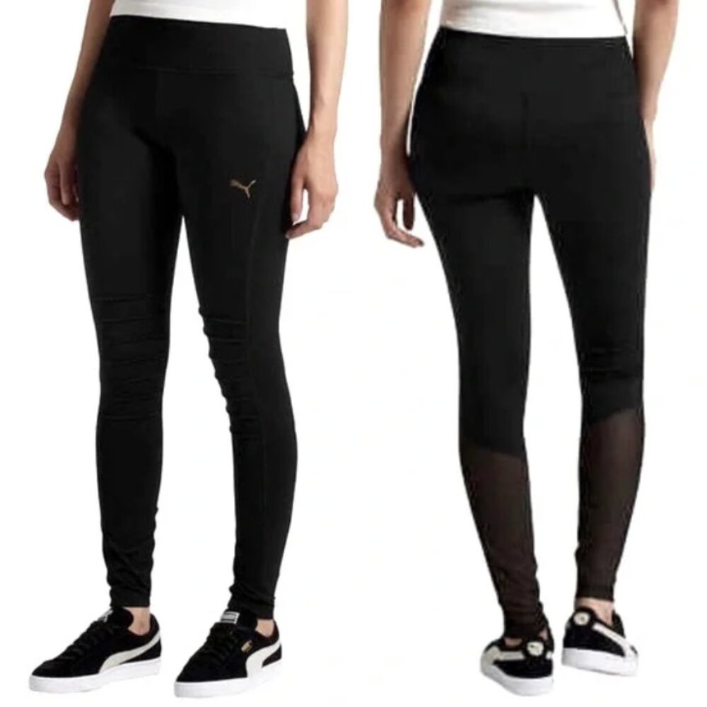 Puma women's L moto tights leggings mesh inset high rise waist‎ gold logo